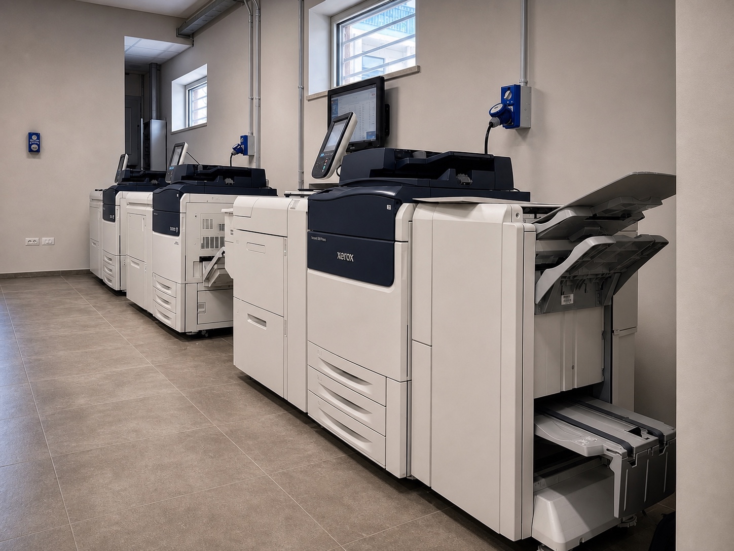 Il reparto stampa Stampiamo con più macchine Xerox disposte lungo la sala
